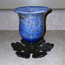 Antique AMW Art Metal Works Glass Chalice Vase Nouveau Spelter Leaf Base Signed picture