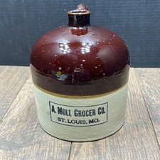 Antique A Moll Grocer Co, St Louis, MO Crock Jug 1-1/2 gallon picture
