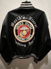 Vintage US Marine Corps Jacket Black Satin Patch Embroidered Marines Fighting XL picture