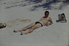 c1970's 35mm Slide, Man Sunbathing, Beach Scene, Adidas Sneakers summer Sandy picture