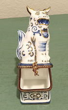 French Limoges Trinket Box Hinged Blue Foo Dog Guardian Lion Good Fortune Symbol picture