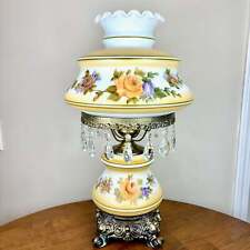 Vintage Hand Painted Milk Glass Floral Hurricane Lamp W Teardrop Crystal Prisms picture