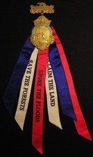 RARE 1907 NATIONAL IRRIGATION CONGRESS MEDAL BADGE W/ RIBBONS - SACRAMENTO CA picture