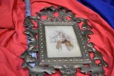 Beautiful Antique Victorian Age Ornate Heavy Brass Frame With Victorian Lady Pic picture