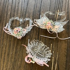 Vtg Silvestri Spun Glass Christmas Ornament Lot Heart Swan Basket Roses Pink Set picture