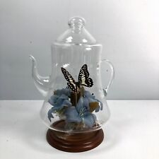 Vintage Real Butterfly Taxidermy Glass Teapot Silk Flowers Display Creco 1970s picture