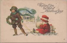 Postcard Wishing You Best Christmas Little Girl on Sled  picture
