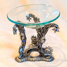 Vintage Y2K Celestial Pewter Oil Burner Candle Holder Sun Moon Blue Crystals picture
