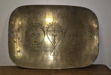 MCM Modernist Brass Tray 3 Primitive Faces Masks Etched Vintage Platter 14x10 picture