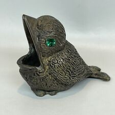 Vtg MCM Solid Brass Large Mouth Baby Bird Personal Ashtray Green Eyes 2.75x 2.25 picture