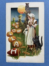 Vtg 1913 Halloween Postcard • John Winsch Cat Owl Pumpkins Winsch Girl UNUSED picture