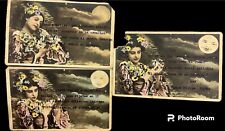 VTG Lot 3 Postcards French Victorian Lady Rare Moon Face Color Tint Embellished picture