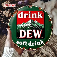 1pc Vintage Drink Dew Mountain Decor Round Tin Metal Signs - Red & Green Retro B picture