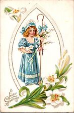 Easter Postcard Antique Victorian Girl Lacey Blue Dress Lamb Staff White Flower picture