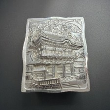 VTG Japanese Silver Tone Trinket Box Cedar Wood Insert Pagoda Gate Raised Relief picture