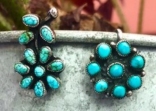Vtg 40s TURQUOISE/SILVER Floral Cluster Screw-Back Asymmetric Set Earrings(Offer picture