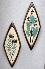 Vintage Mid Century Syroco Turquoise Botanical Wall Hanging Diamond Plaque Set 2 picture