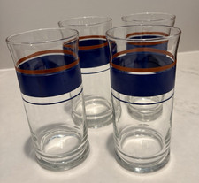 VTG SET/4 SATELLITE BY NEWCOR GLASS TUMBLERS BLUE/ORANGE HORIZONTAL STRIPE MCM picture