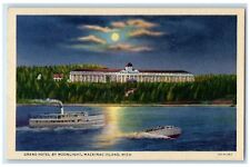 c1940 Grand Hotel By Moonlight Ferry Speedboat Mackinac Island Michigan Postcard picture