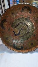 Vintage Brass Ornate Bowl With Peacock Handmade And Painted In India picture