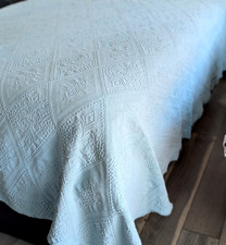 Vtg Matelasse Cotton Bedspread Queen/King Diamond Blue Scalloped 94x96