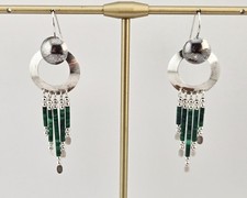 VTG Sterling Silver Malachite Fringe Dangle Earrings Boho Artisan Southwest 5.2g picture