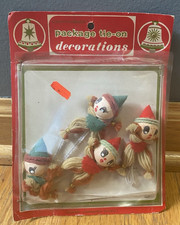 Vintage Commodore Christmas Flocked Pixie Elves Gift Package Tie On Decorations picture