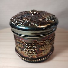 Antique Northwood Carnival Glass Vanity Powder Box & Lid Black Amethyst EUC 1 FB picture