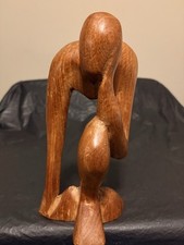 Vintage NOVICA Abstract Thinking Man Carved Wood Sculpture Statue Indonesia 8” picture