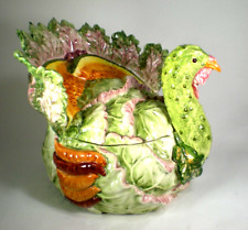 Soup Tureen Giant Majolica Cabbage Turkey Vietri Made in Italy Vintage picture