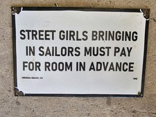 VINTAGE 1942 SAILOR PORCELAIN SIGN OLD HOTEL VIRGINIA BEACH STREET GIRLS BROTHEL picture