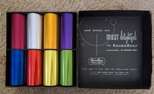 Vintage Retro PERMA HUES Edgerton Ohio Anodized Aluminum 8 pc Tumbler Set w/ Box picture
