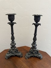 Antique Pair of Brass Baroque Rococo Revival Ornate Candlestick Holders 9