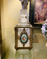 Fostoria American Dresser Vanity Perfume Bottle w/ Ornate Brass Filigree Stand picture