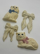 Vtg Homco White Cats Kitten Wall Decor Art Plaques Pink Blue And 2 Ribbon Bows picture