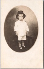 c1910s Studio Photo RPPC Postcard Little Boy in White Outfit and Bucket Hat picture
