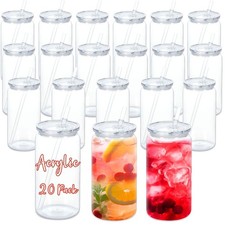 Maucircol 16oz Acrylic Can Tumbler 20 PK Clear Plastic Beer Can Mason Jar Cups picture