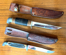 2 Vtg Queen USA Bird & Trout Sportsman Knives & Sheaths, #74 & #84 picture