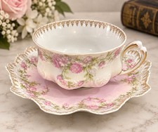 Antique MZ Austria Pink Rose Tea Cup Saucer Scalloped Gold Porcelain c1900 picture