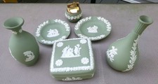 6-VTG 1960 Wedgwood Green Jasperware  2 Ashtray 2 Vases, 1 Lighter,1 Trinket Box picture