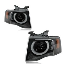 Black LED Halo Headlights Compatible with 2007-2014 Ford Expedition | W/DRL Halo picture