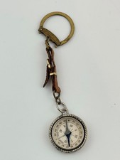 Vtg Japan Mini Compass Keychain Leather Strap Brass Tone Travel Navigation picture