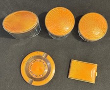Beautiful Antique Orange Guilloche Dressing Table Jars X3 with Ashtray & Compact picture