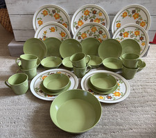Vtg Avocado Green & Floral  Melamine Dish Set - 32 pieces. picture