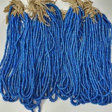 Rare Antique Venetian Trade Beads Strands 7mm Dark Sky Blue WhiteHeart Glass picture