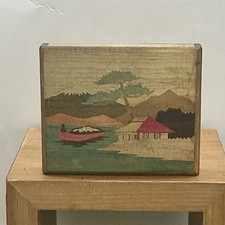 Vintage Japanese Hand Painted Wooden Storage Box w Drawer Featuring Mount Fuji picture