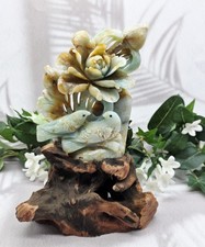 Caribbean Calcite Birds and Flowers on Natural Wood Base Gemstone Carving picture