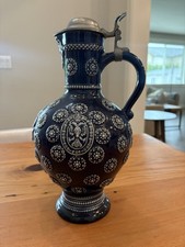 Marzi & Remy 669 German Cobalt Blue Lidded Pitcher Eagle Crest Rosettes 11” picture