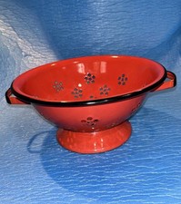 Vintage 1960's Japan Enamelware Colander Red & Black Trim Kitchenware 8 1/2” picture