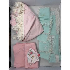 Vintage California 1950s Hand Prints Pink Round Tablecloth Tassels Blue Mats Set picture